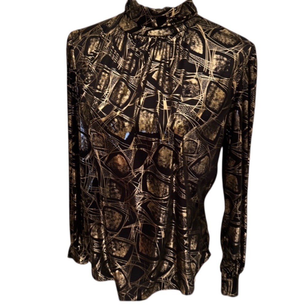 Lauren Lee Black Gold Metallic Blouse Size 10 Long Sleeve High Neck Party Top